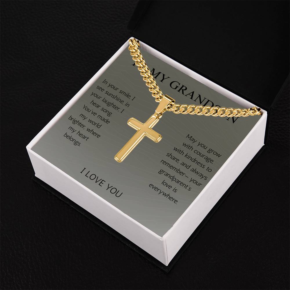 To My Grandson Cross Necklace Cuban Chain for Grandson From Grandma Grandpa Nana Graduation Birthday Christmas Gift Cross with Cuban Chain