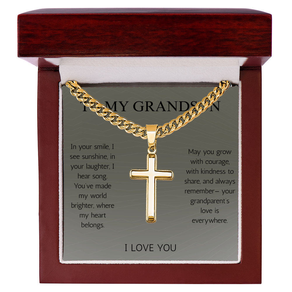 To My Grandson Cross Necklace Cuban Chain for Grandson From Grandma Grandpa Nana Graduation Birthday Christmas Gift Cross with Cuban Chain
