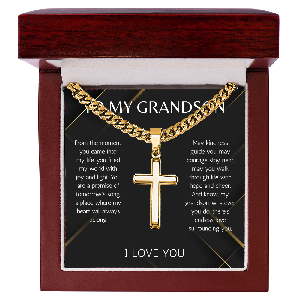 Grandson Cross Necklace wit Cuban Chain Jewelry for Grandson From Grandma Grandpa Birthday Graduation Christmas Gift Grandparent
