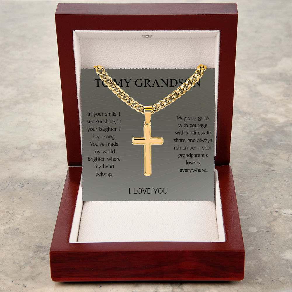 To My Grandson Cross Necklace Cuban Chain for Grandson From Grandma Grandpa Nana Graduation Birthday Christmas Gift Cross with Cuban Chain