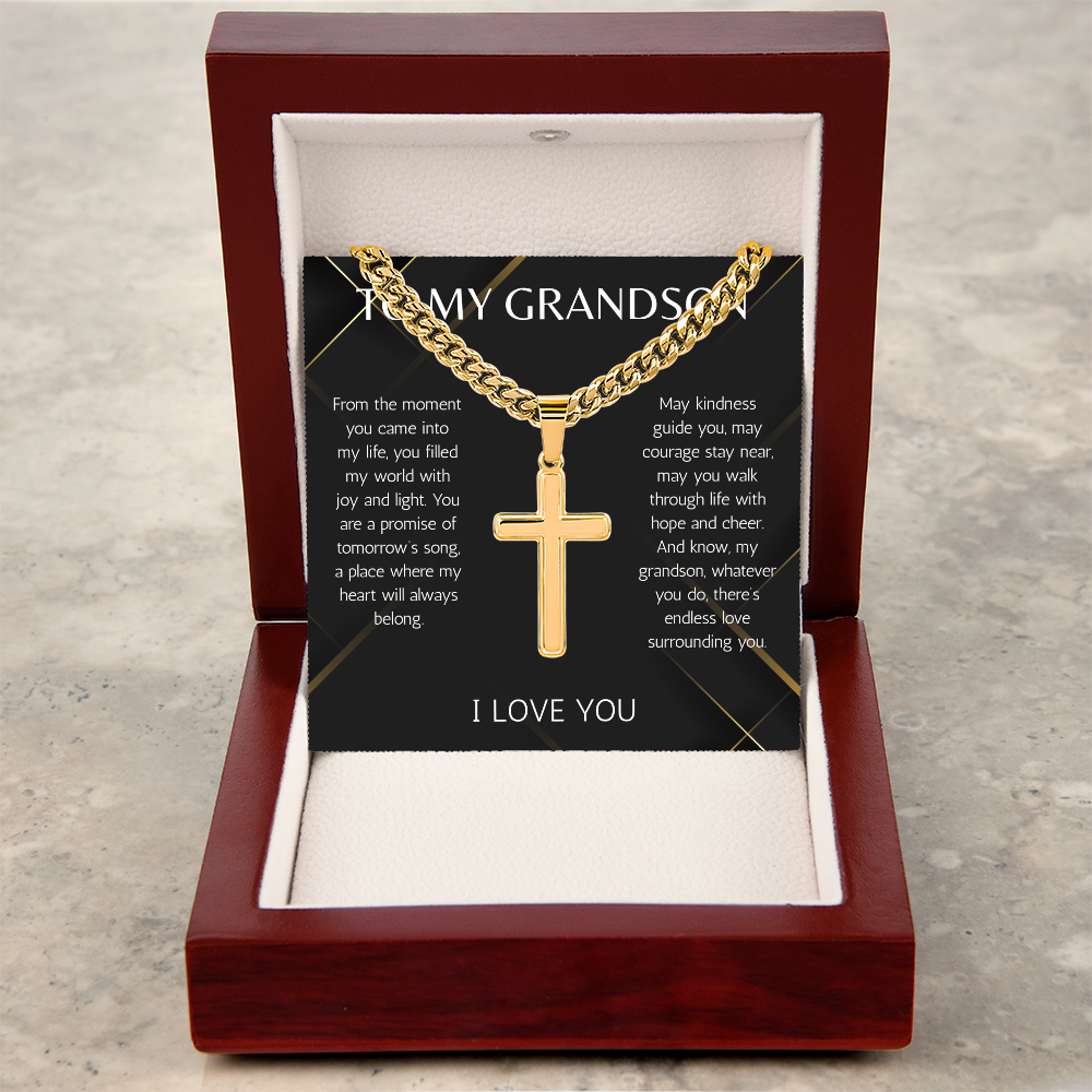 Grandson Cross Necklace wit Cuban Chain Jewelry for Grandson From Grandma Grandpa Birthday Graduation Christmas Gift Grandparent