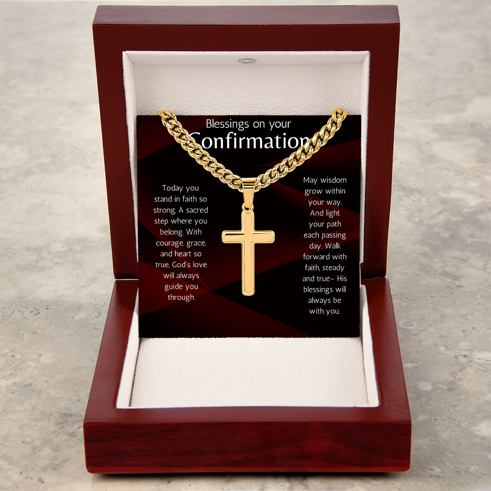 Confirmation Gift for Boys or Men Cross Cuban Chain Necklace with Sentimental Message for Son, Grandson, Nephew, Brother