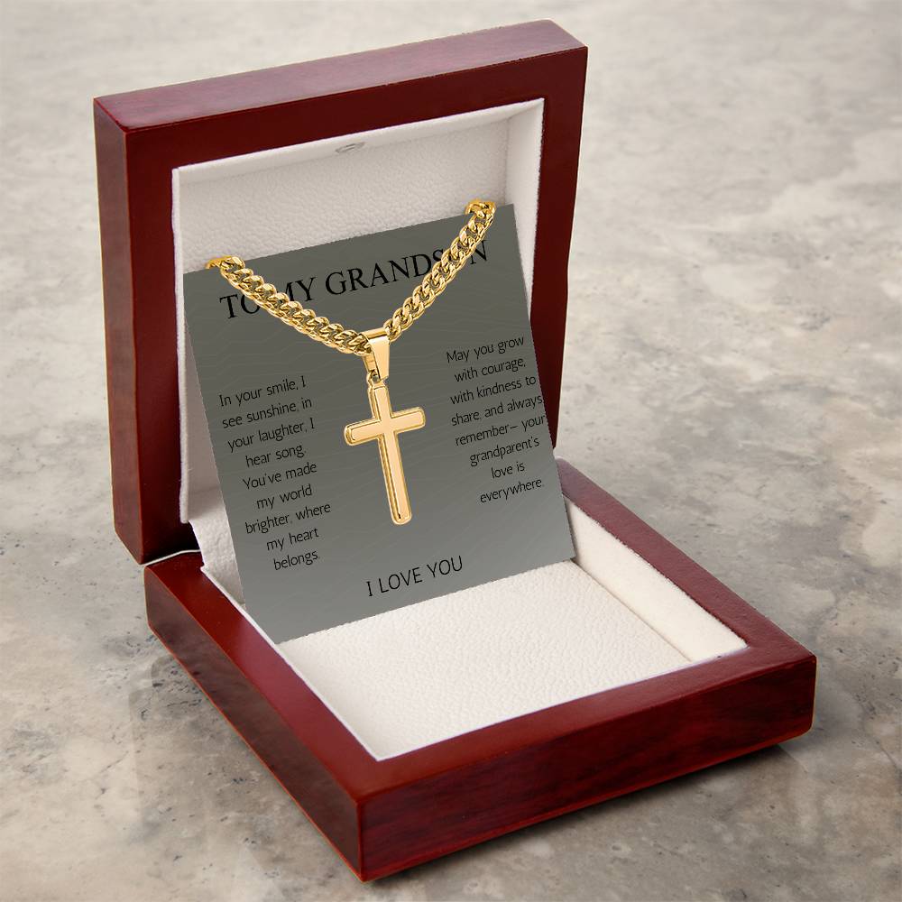 To My Grandson Cross Necklace Cuban Chain for Grandson From Grandma Grandpa Nana Graduation Birthday Christmas Gift Cross with Cuban Chain
