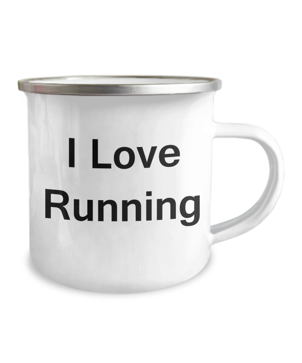 I Love Running Camper coffee mug -  White Funny Coffee Mug-12 Oz Stainless Steel Enamel Finish White Camper Coffee Mug