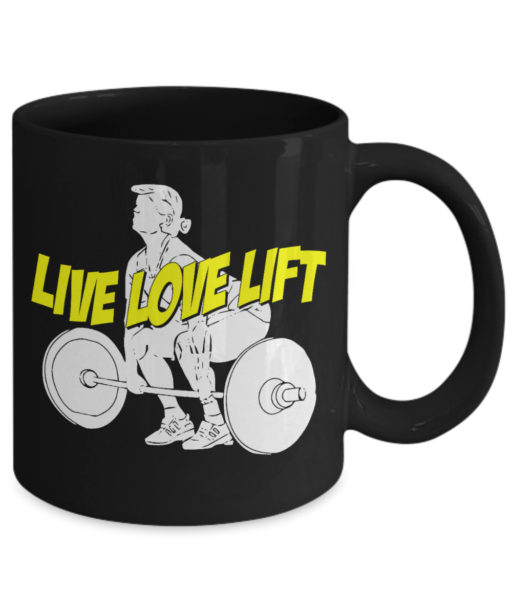 Workout Gift Coffee Mug, Live Love Weight Lift -Black Porcelain Coffee Mug 11 oz For Bodybuilder, Weight Lifter,Fitness Freak, For Him, Dad