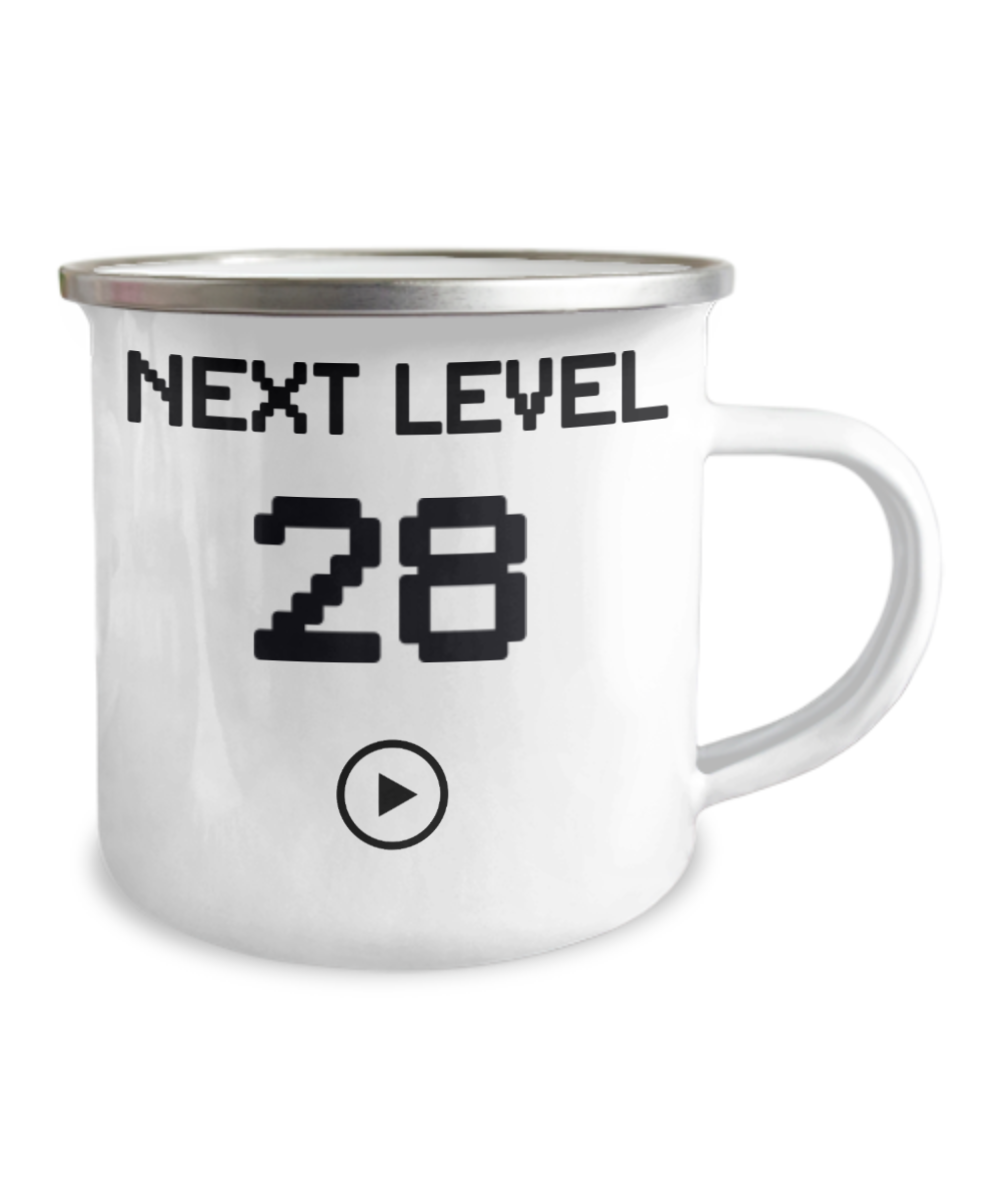 28th Birthday Special Gift Coffee Mug, Next Level 28, Gamer Coffee Mug, Birthday Mug- 12 Oz Stainless Steel Enamel Finish White Camper Coffee Mug
