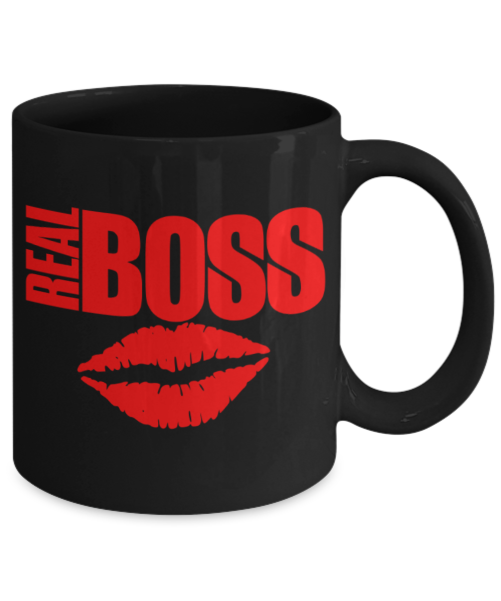 Aneversery gift - Real Boss - Funny Black Porcelain Coffee Mug Cute Ceramic Cup 11 oz