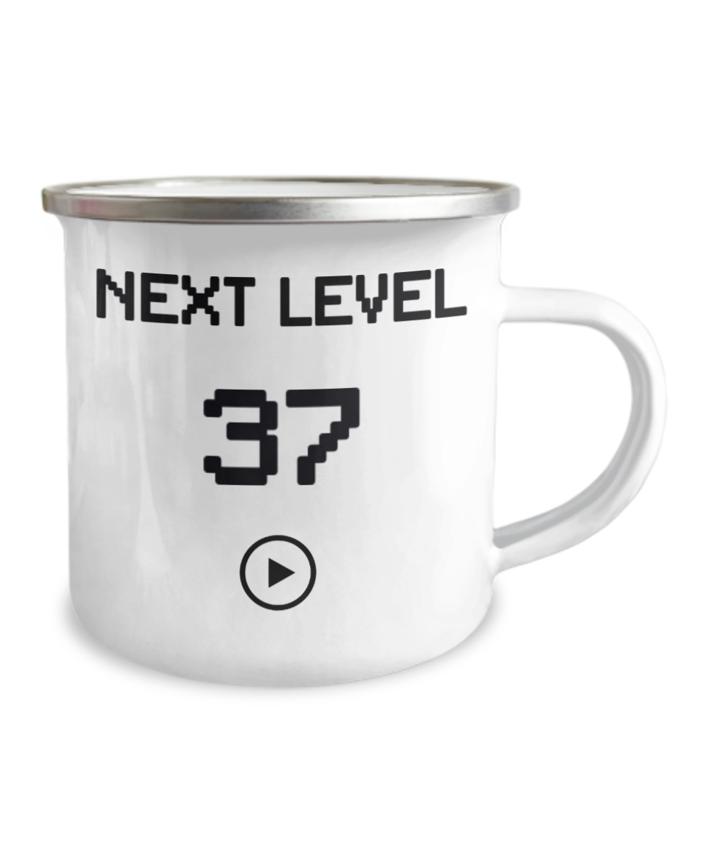 37th Birthday Special Gift Coffee Mug, Next Level 37, Gamer Coffee Mug, Birthday Mug- 12 Oz Stainless Steel Enamel Finish White Camper Coffee Mug