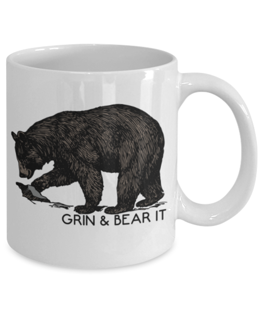 Gift gor Bear lovers , Grin & Bear it - White Coffee Mug Porcelain Tea Cup 11 oz - Great Gift