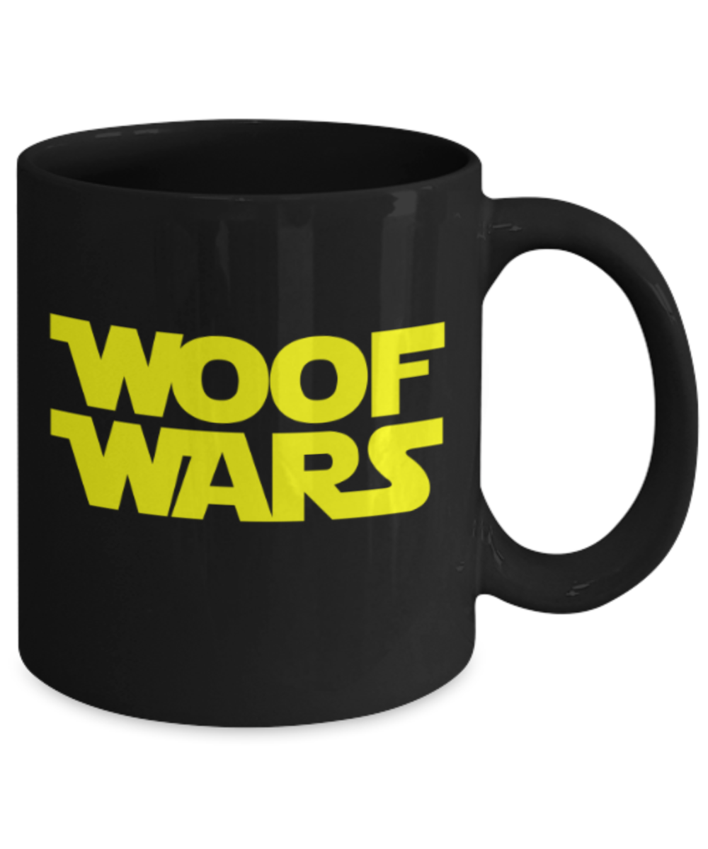 Gift gor dog lovers , Woof wars - Black Coffee Mug Porcelain Tea Cup 11 oz - Great Gift