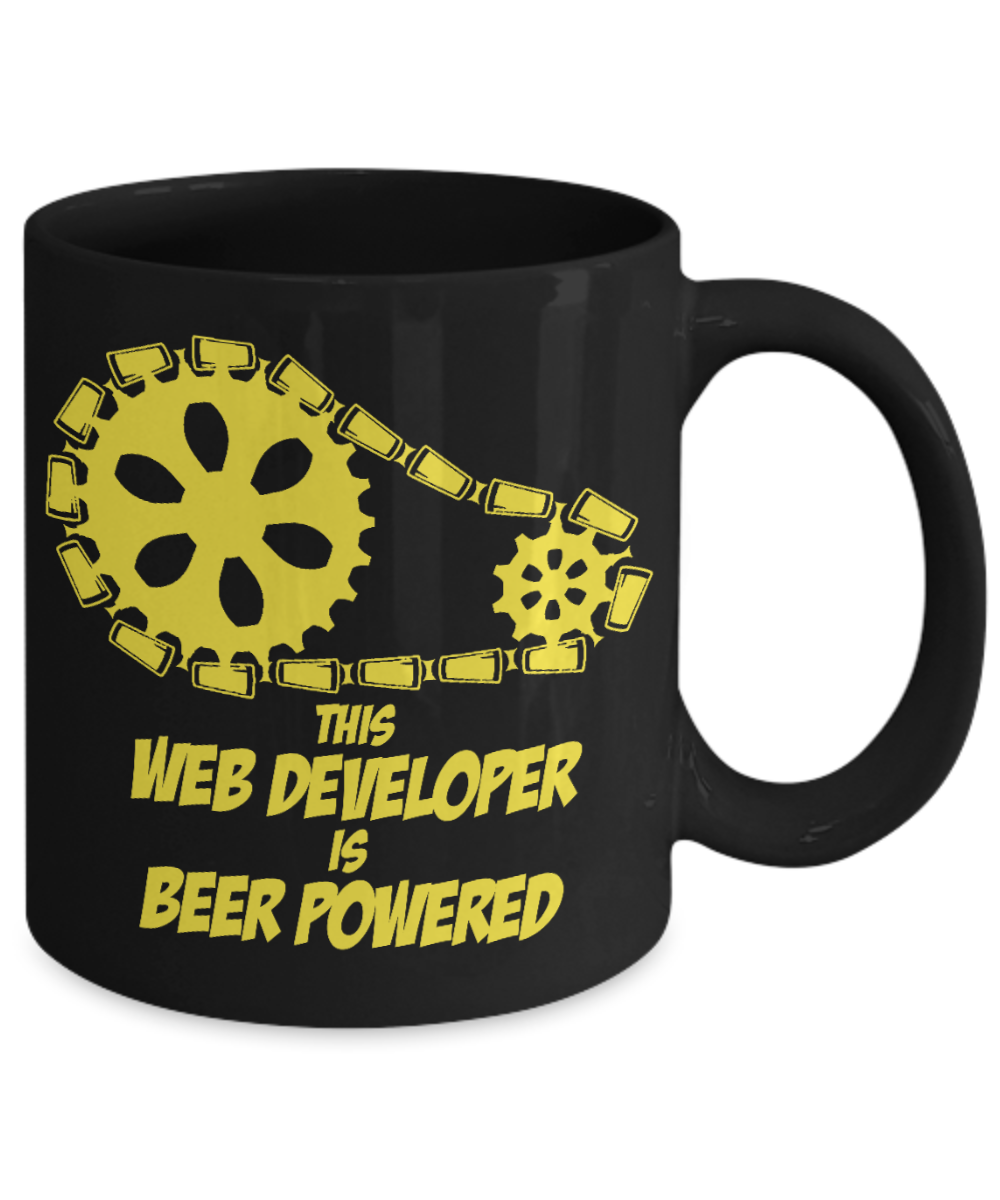 Computer Geek Gift Coffee mug, This Web Developer Is Beer Powered -Black Porcelain Coffee Mug 11 oz for Software, Web, Developer, Programmer, Computer Engineer, App Developer