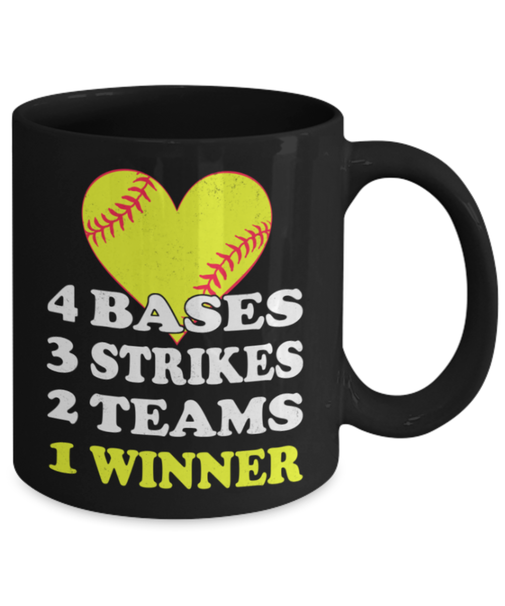 Baseball Lovers Mugs , 4 Bases 3 Strikes - Black Coffee Mug Porcelain Tea Cup 11 oz - Great Gift
