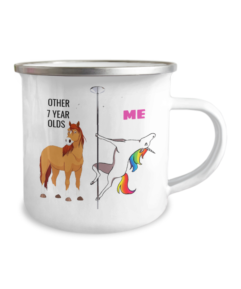 7th Birthday Unicorn Camper  Coffee Mug - Other 7 Year Olds Me Unicorn Coffee Mug -12 Oz Stainless Steel Enamel Finish White Camper Coffee Mug
