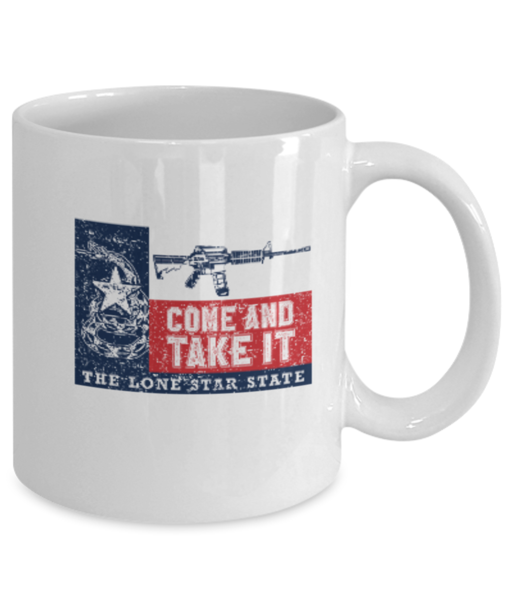 Gunrights Texas Mugs, Come and Take it - White Coffee Mug Porcelain Tea Cup 11 oz - Great Gift