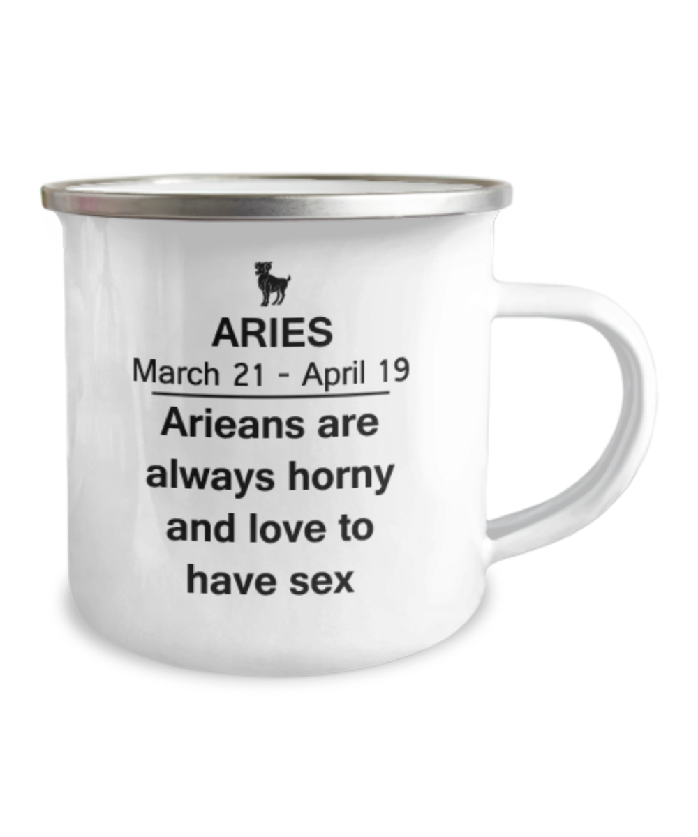 Aries are always Horny and Love to have sex - Aquarius Coffee Mug -Zodiac-12 Oz Stainless Steel Enamel Finish White Camper Coffee Mug