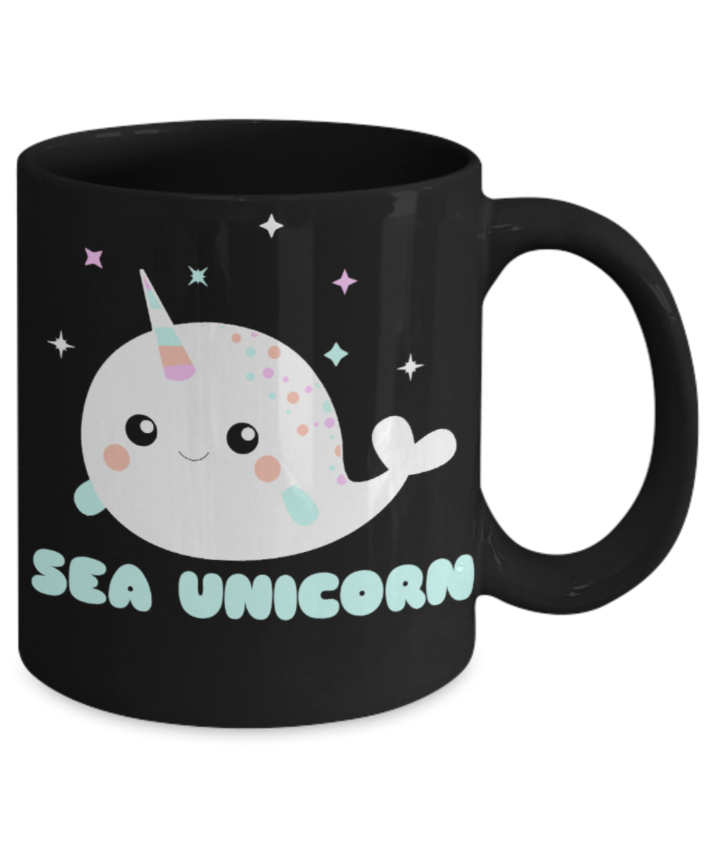 Unicorn Lovers Mugs , Sea Unicorn - Black Coffee Mug Porcelain Tea Cup 11 oz - Great Gift