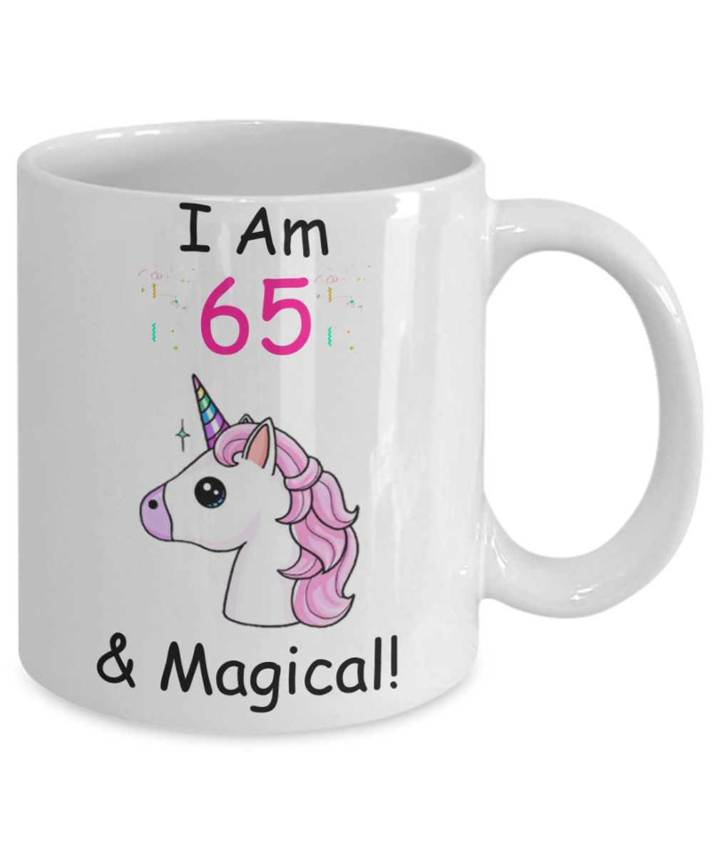 65th Birthday Gift for Women - I Am 65 & Magical Unicorn Mug - Funny White Porcelain Coffee 11 oz for Grandma, Mom, Sister, Best Friend, Women, Her - Queens are Born In 1955