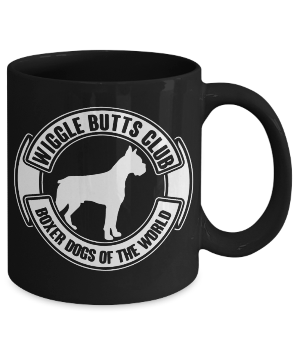 Gift gor dog lovers , Wiggle Boxer Dogs - Black Coffee Mug Porcelain Tea Cup 11 oz - Great Gift