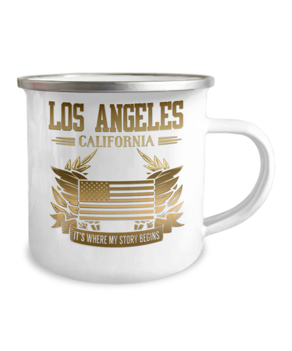 Los Angels California, It's Where My Story Begins -12 Oz Stainless Steel Enamel Finish White Camper Coffee Mug