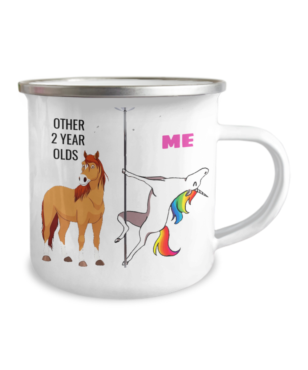 Unicorn Birthday gift 2nd Birthday Camper Mug - Other 2 Year Olds Me Unicorn Coffee Mug -12 Oz Stainless Steel Enamel Finish White Camper Coffee Mug