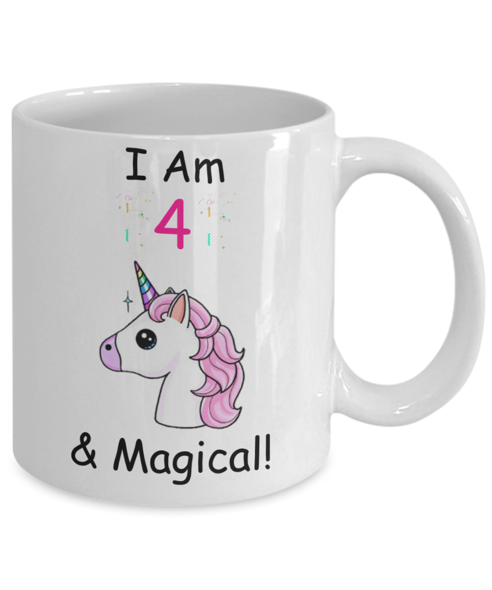 4th Birthday Gift for Women - I Am 4 & Magical Unicorn Mug - Funny White Porcelain Coffee 11 oz for Grandma, Mom, Sister, Best Friend, Women, Her - Queens are Born In 2016