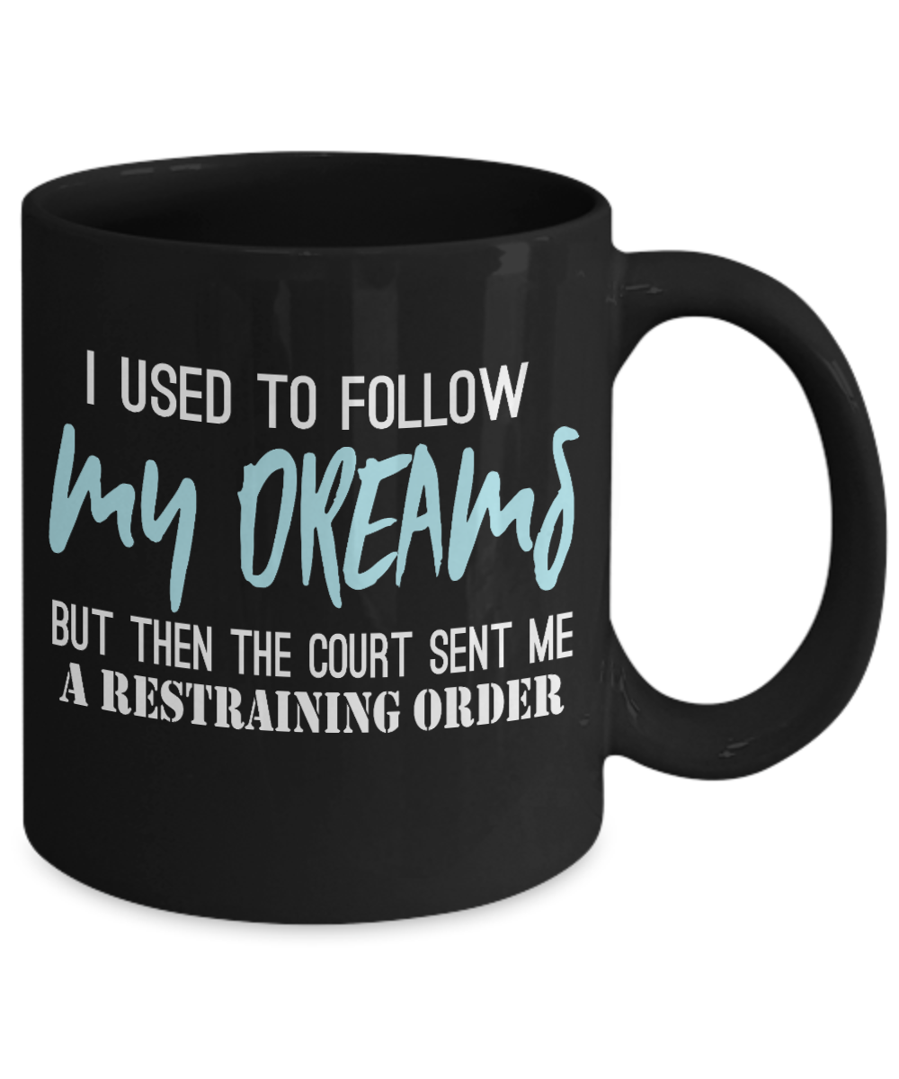 I Used To Follow My Dreams But Then The Court Send Me A Restraining Order- Black Porcelain Coffee Mug 11 Oz Funny Quotes Coffee Mug