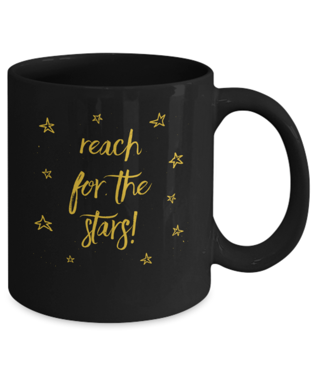 Success Lovers Mugs, Reach for the Stars - Funny Black Porcelain Coffee 11 oz