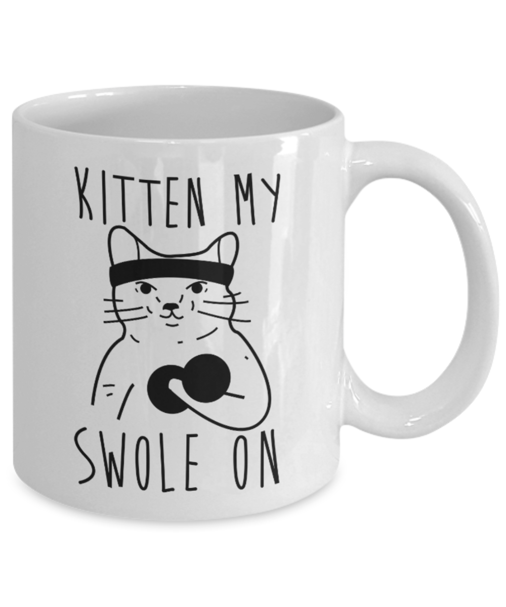 Gift gor cat lovers , Kitten my swole on - White Coffee Mug Porcelain Tea Cup 11 oz - Great Gift