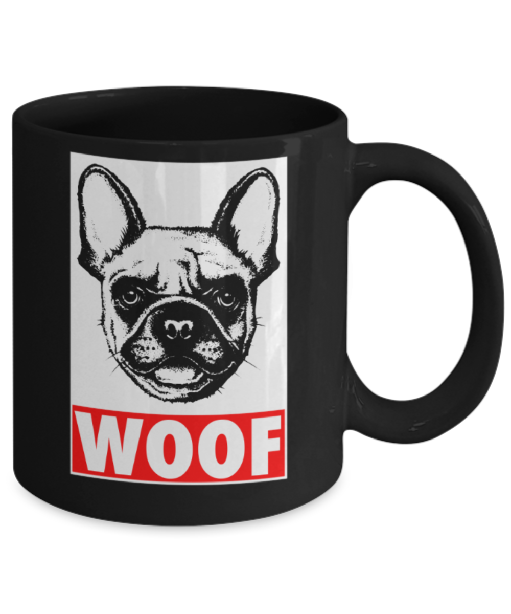 Gift gor dog lovers , Woof - Black Coffee Mug Porcelain Tea Cup 11 oz - Great Gift