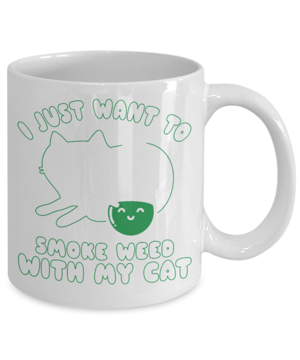 Cat Lovers Mugs , Smoke weed with my cat - White Coffee Mug Porcelain Tea Cup 11 oz - Great Gift