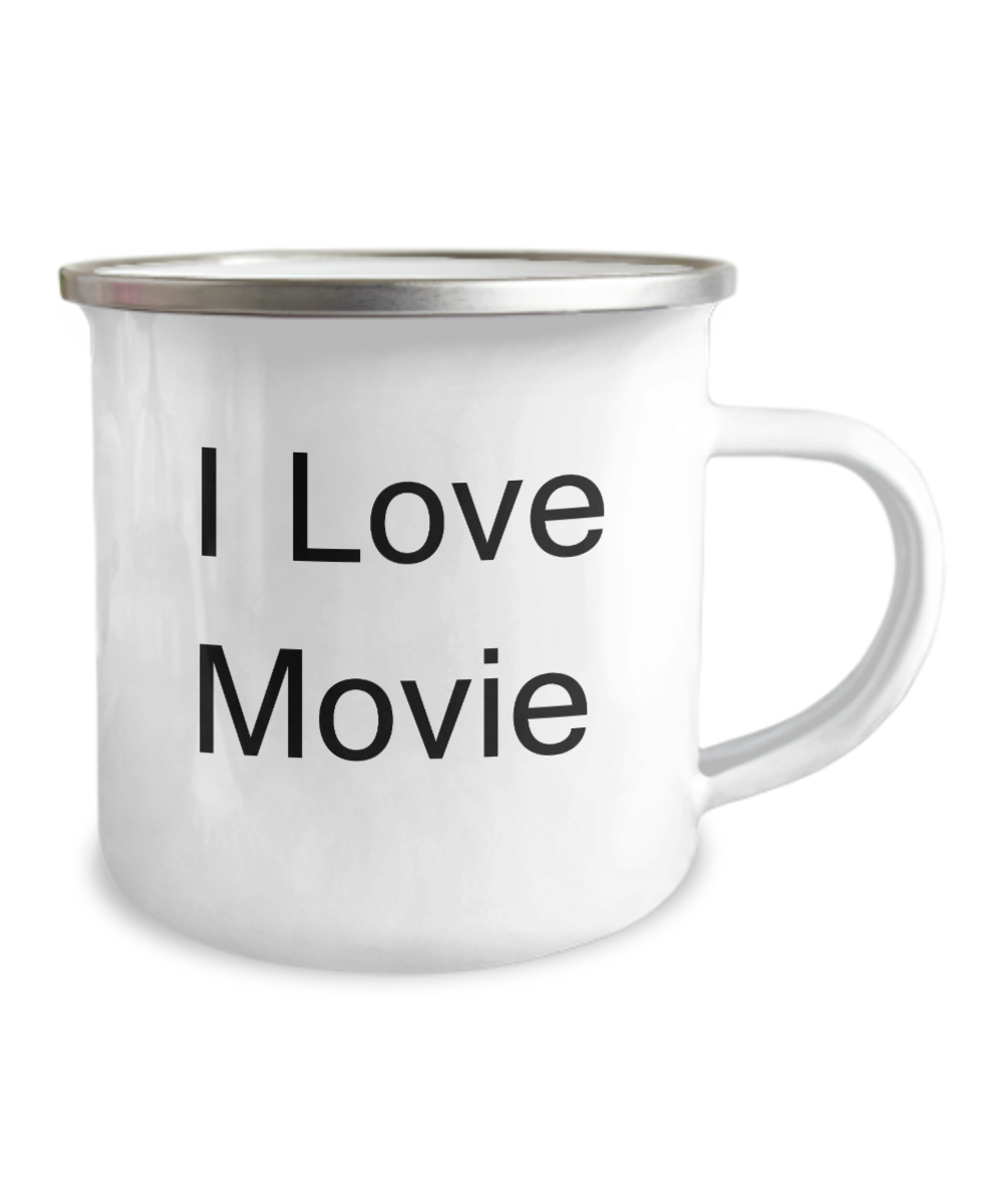 Funny Movie & Shows Lovers Coffee Mug - I Love Movie Premium- 12 Oz Stainless Steel Enamel Finish White Camper Coffee Mug