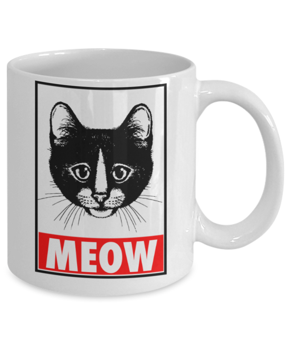 Gift gor dog lovers , Meow - White Coffee Mug Porcelain Tea Cup 11 oz - Great Gift