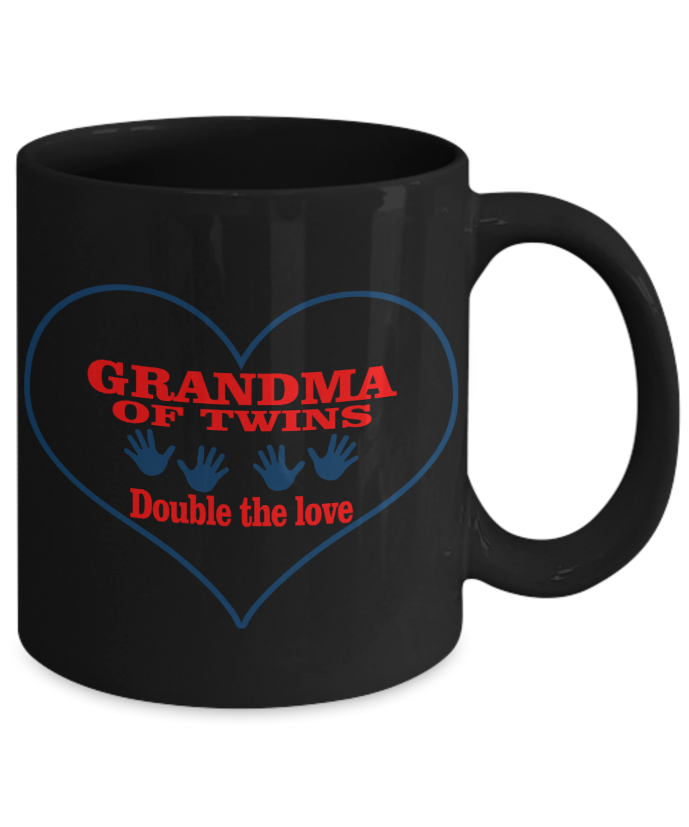 Grandma Personalized Coffee mug, Grandma Of  Twins, Double The Love-Black Porcelain Coffee Mug 11 oz