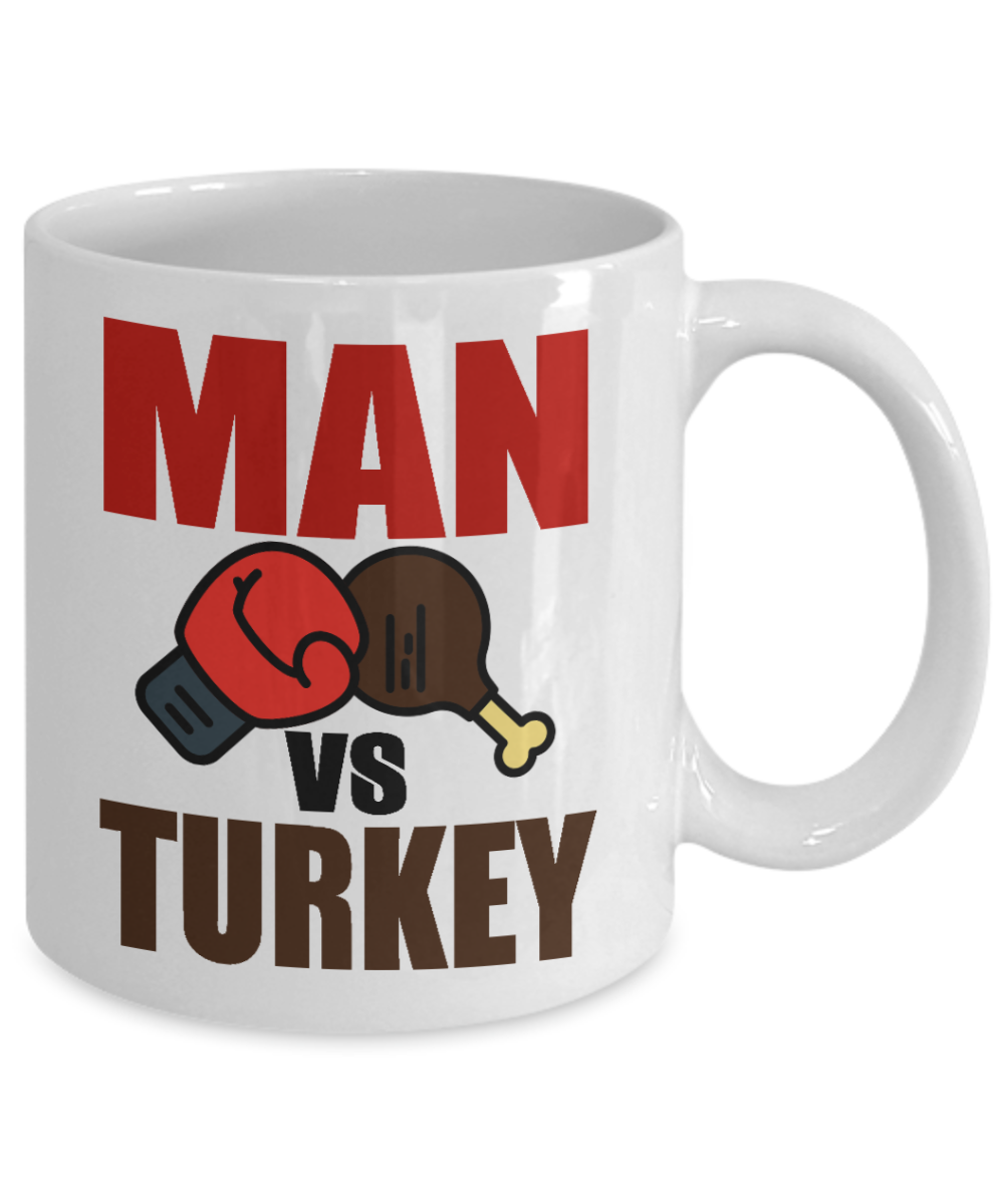 Thanksgiving Coffee Mug, Man Vs Turkey- White Porcelain Coffee Mug 11 Oz For Thanksgiving Day
