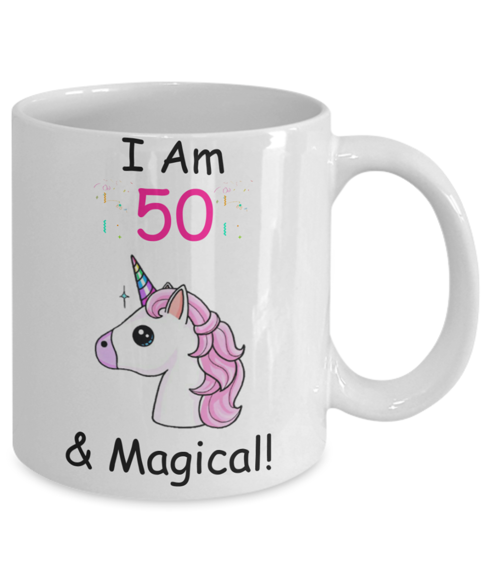 50th birthday ideas to inspire by discerning food and travel - I am 50 & Magical Unicorn - Funny White Porcelain Coffee 11 oz