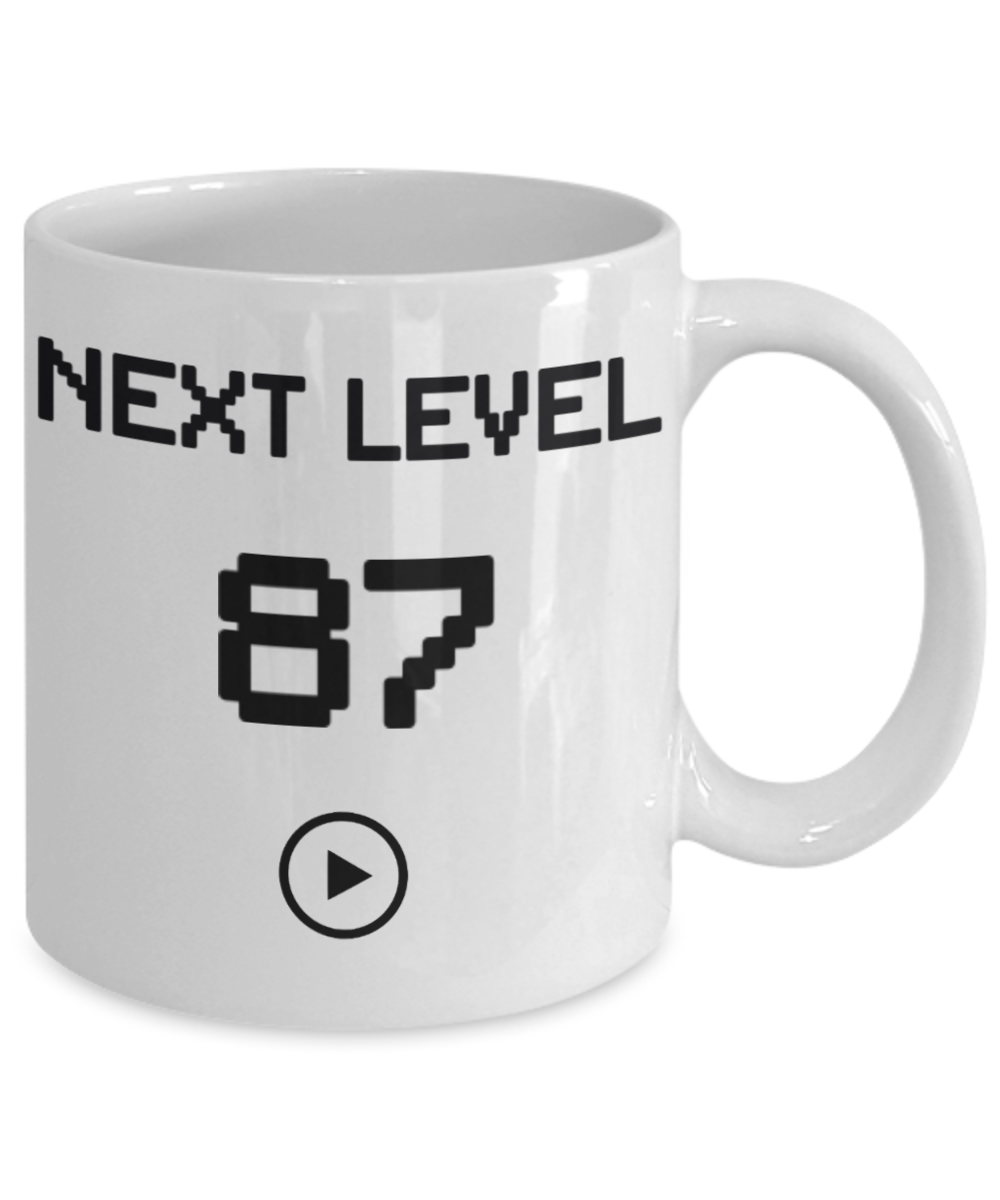 87th Birthday Coffee Mug, Next Level 87, Gamer Coffee Mug, Birthday Mug- White Porcelain Coffee Mug 11 Oz Birthday Coffee Mug