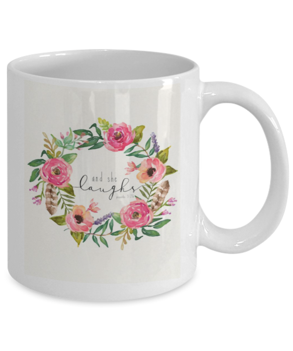 Religious coffee mugs , And she laughs - White Coffee Mug Tea Cup 11 oz Gift