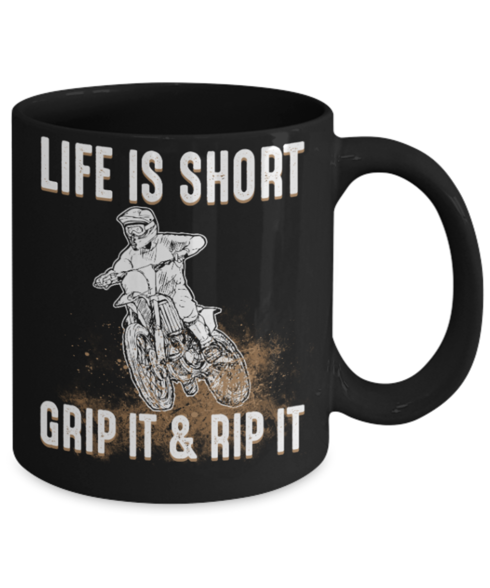 Biking Lovers Mugs , Grip it and Rip it - Black Coffee Mug Porcelain Tea Cup 11 oz - Great Gift