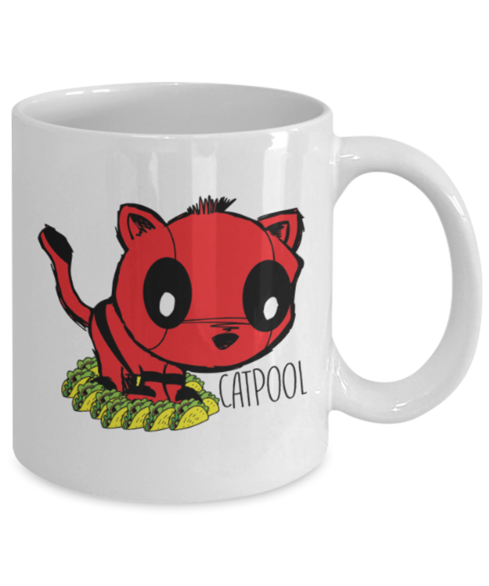 Gift gor cat lovers , Catpool - White Coffee Mug Porcelain Tea Cup 11 oz - Great Gift