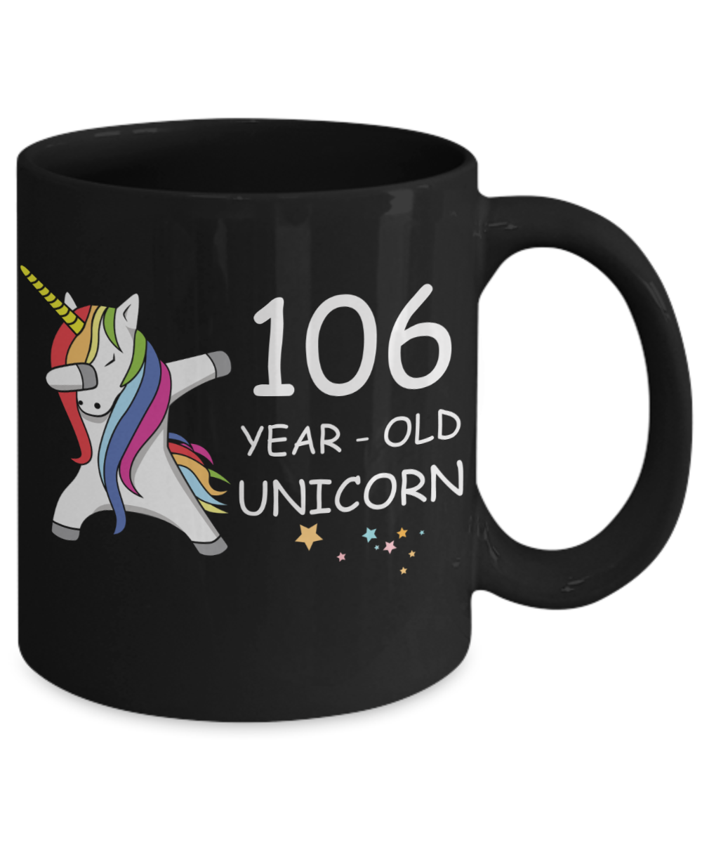 Unicorn Birthday gift 106th Birthday Gift for Women - 106 Year Old Unicorn Dabbing Mug - Funny Black Porcelain Coffee 11 oz, 106th Anniversary Bday Gift for Grandma, Mom, Sister, Bestie - Legends are Born In 1914