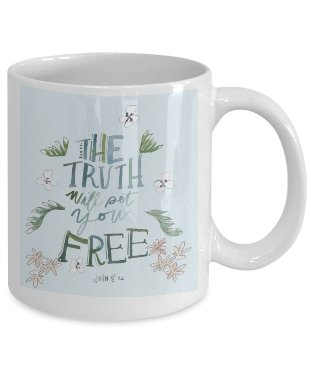 Bible verse mugs for women , The truth will pet you free - White Coffee Mug Porcelain Tea Cup 11 oz - Great Gift