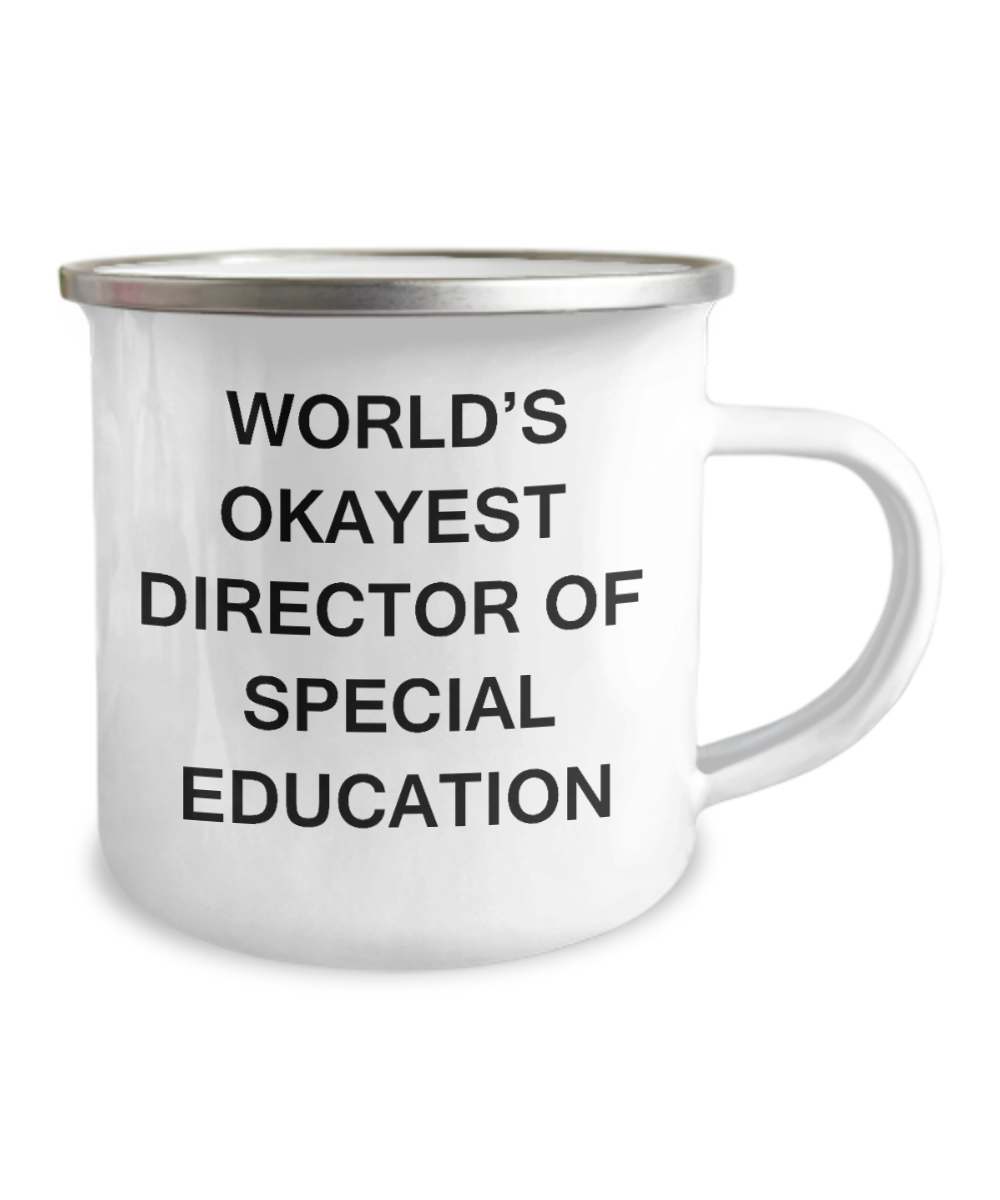 Director of Special Education Coffee Mug - World's Okayest Director of Special Education-12 Oz Stainless Steel Enamel Finish White Camper Coffee Mug