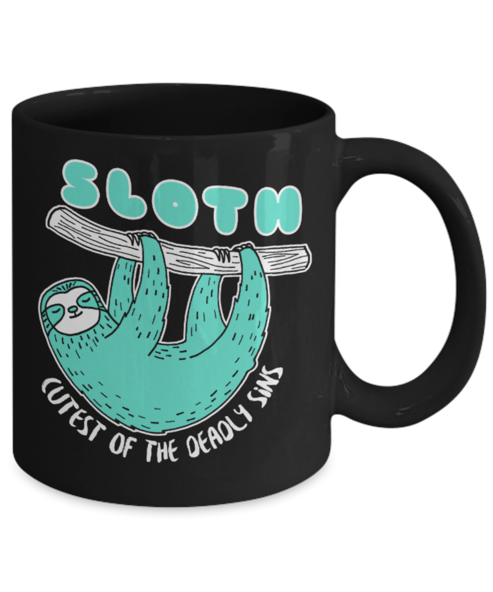 Sloth Lovers Mugs , Cutest of the deadly sins - Black Coffee Mug Porcelain Tea Cup 11 oz - Great Gift