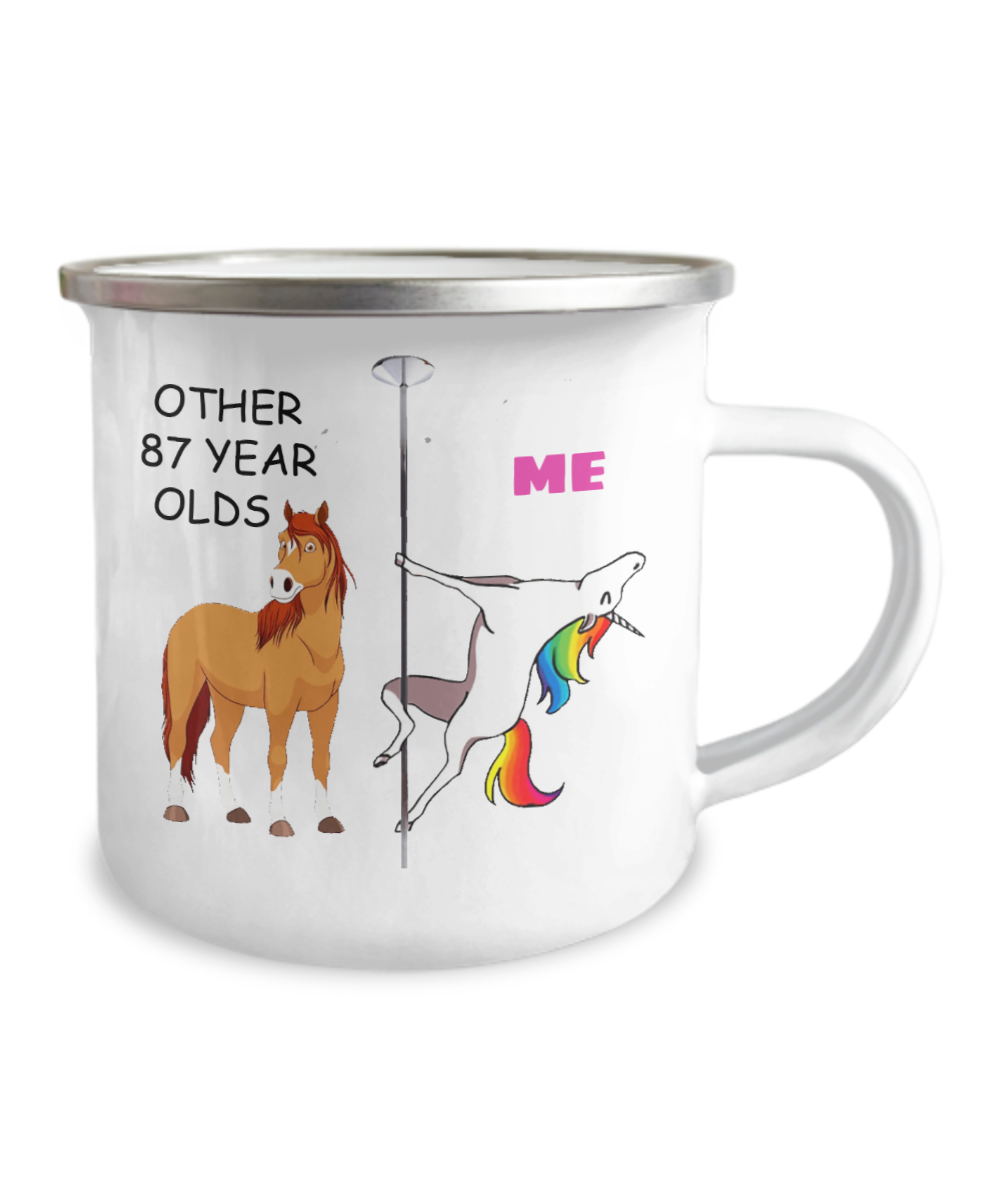 87th Birthday Unicorn Camper Coffee Mug - Other 87 Year Olds Me Unicorn Coffee Mug -12 Oz Stainless Steel Enamel Finish White Camper Coffee Mug