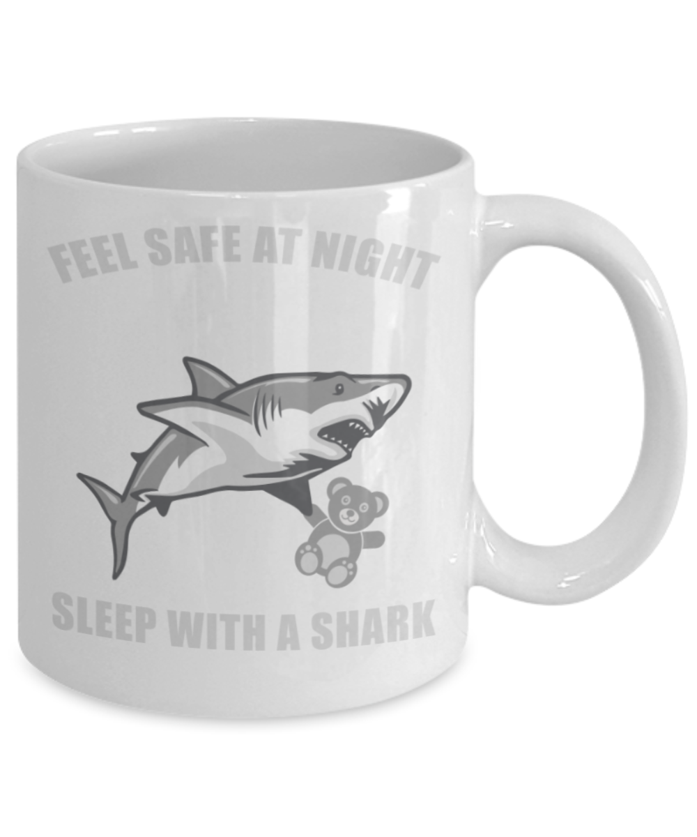 Shark Lovers Mugs , Sleep with a shark - White Coffee Mug Porcelain Tea Cup 11 oz - Great Gift
