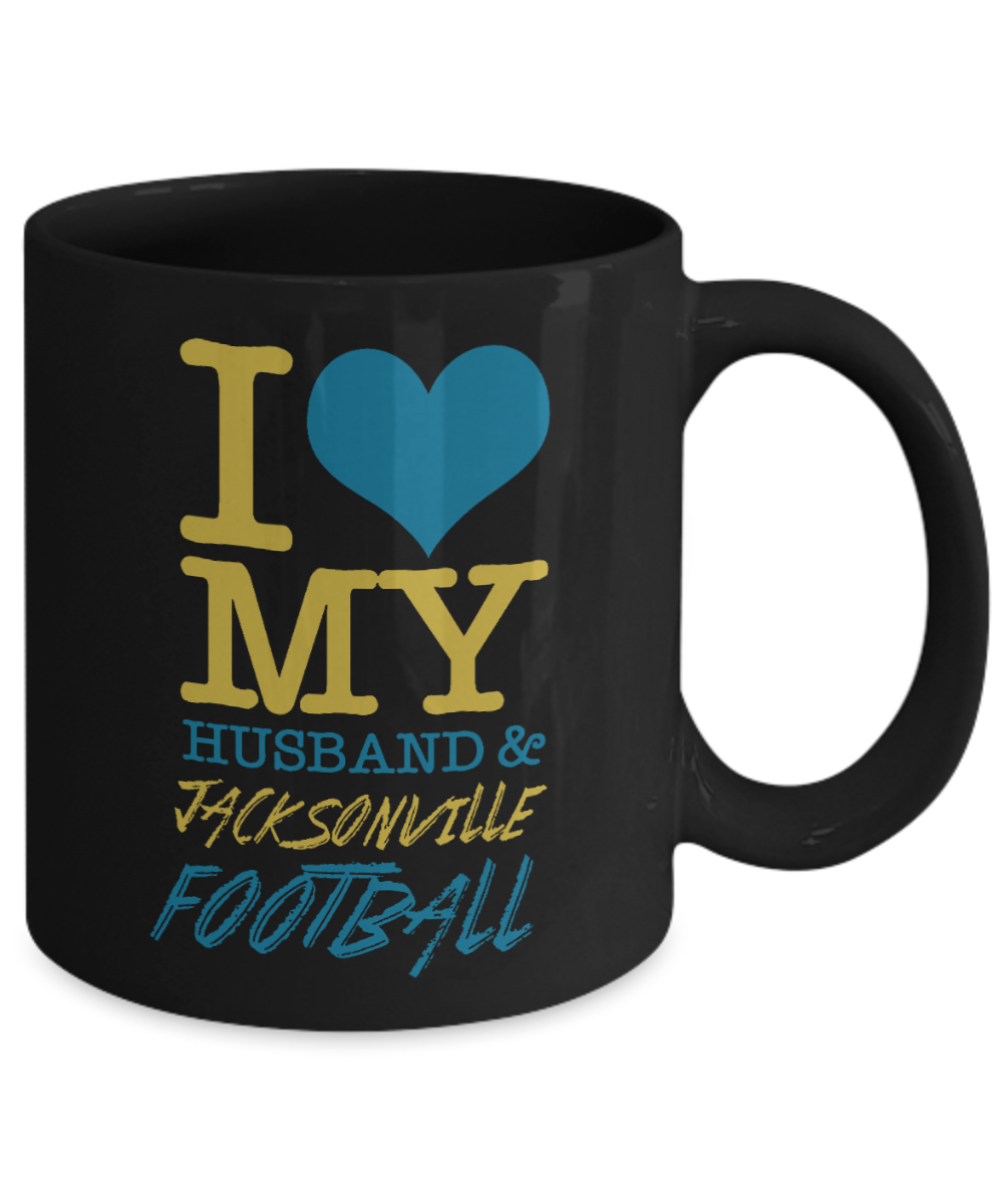 Great Wife Gift Coffee Mug, I Love My Husband And Jacksonville Football -Black Porcelain Coffee Mug 11 oz For Husband, Wife, Wedding Anniversary, Birthday, Christmas, Gift