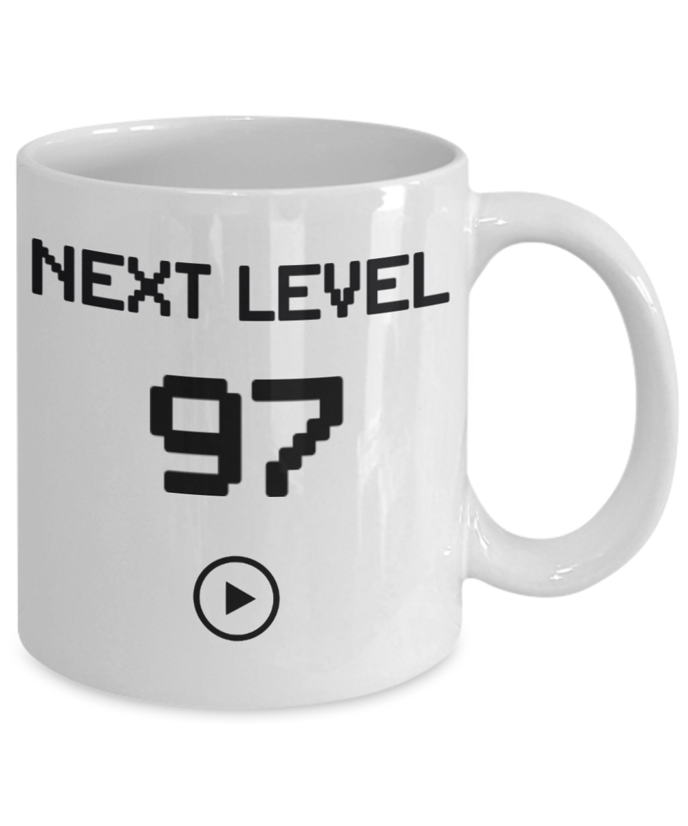 97th Birthday Coffee Mug, Next Level 97, Gamer Coffee Mug, Birthday Mug- White Porcelain Coffee Mug 11 Oz Birthday Coffee Mug