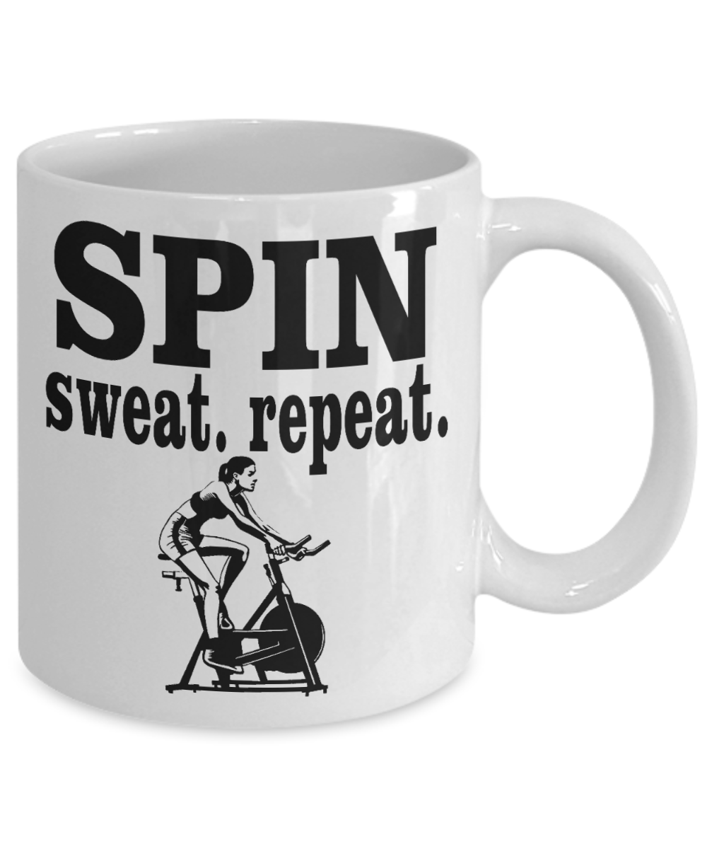 Workout Motivation Gift Coffee mug, Spin sweat. Repeat-White Porcelain Coffee Mug 11 oz For Sister,For Her,Fitness Freak,Birthday Gift