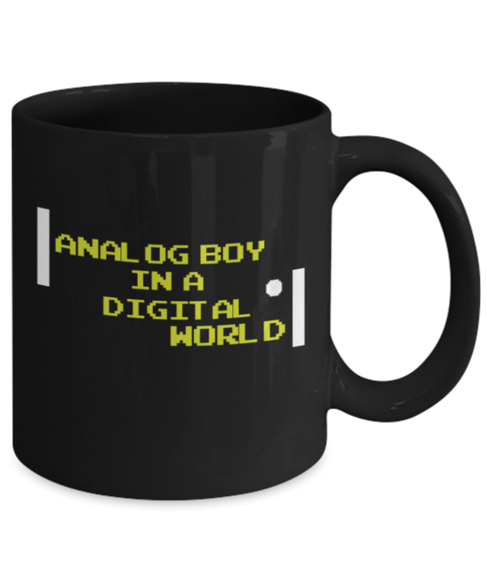 Electronics Lovers Mugs , Analog boy in a digital world - Black Coffee Mug Porcelain Tea Cup 11 oz - Great Gift