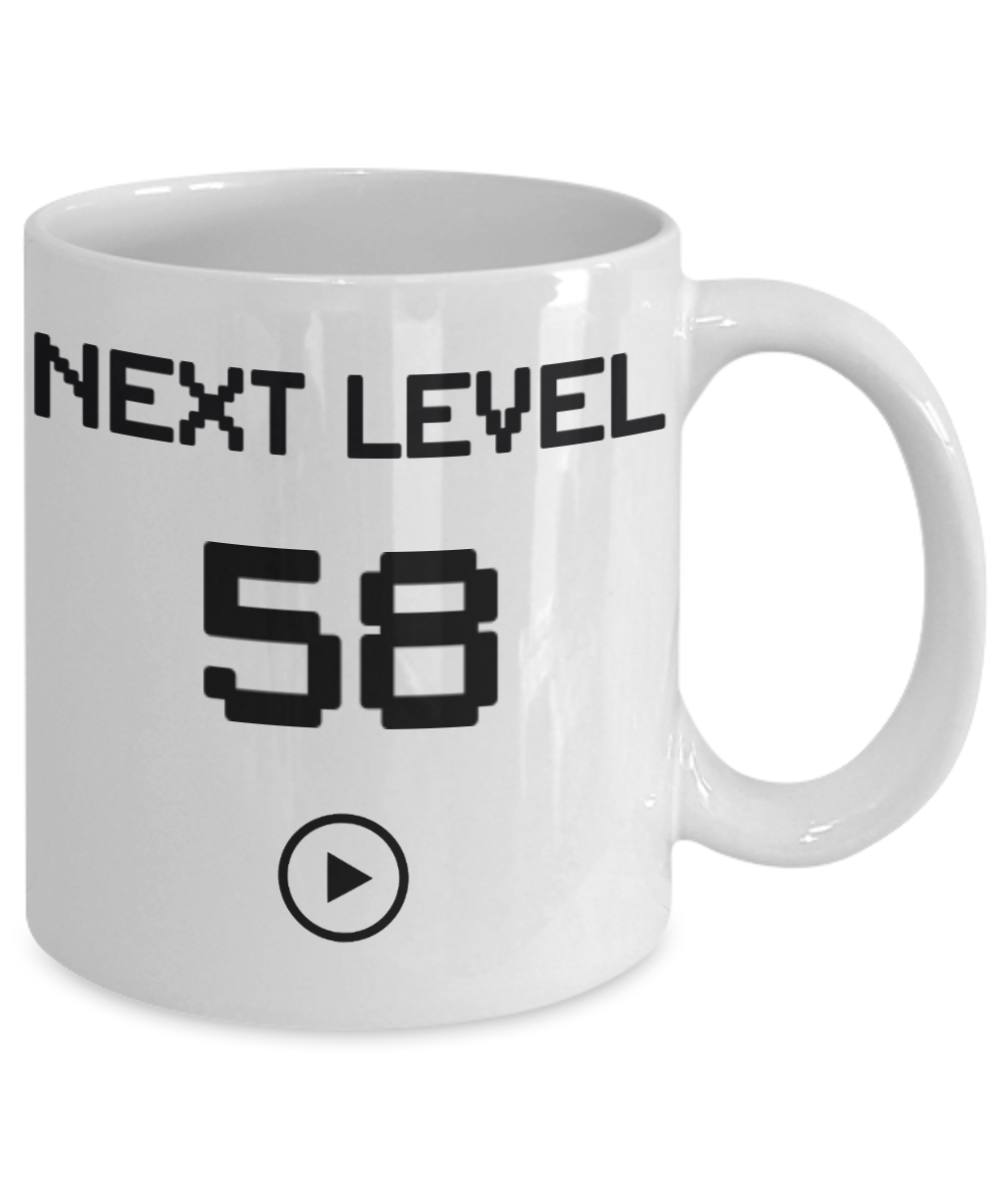 58th Birthday Coffee Mug, Next Level 58, Gamer Coffee Mug, Birthday Mug- White Porcelain Coffee Mug 11 Oz Birthday Coffee Mug